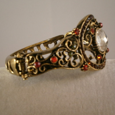 Oval clear crystal bracelet with colorful rhinestones set in antique bronze oval shaped hinged bracelet free shipping
