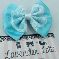 Cinderella Inspired Satin Blue and White Lace Overlay Fabric Hair Bow - Thumbnail 2