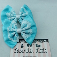 Cinderella Inspired Satin Blue and White Lace Overlay Fabric Hair Bow - Thumbnail 3