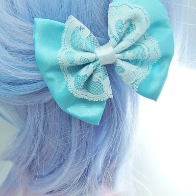 Cinderella inspired satin blue and white lace overlay fabric hair bow - Thumbnail 4