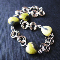 Chainmaille Bracelet For Women. Heart Fossil Stone Bracelet. - Thumbnail 1