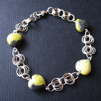 Chainmaille Bracelet For Women. Heart Fossil Stone Bracelet. - Thumbnail 2