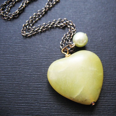 Long Heart Necklace. Jade Heart Stone Bead.