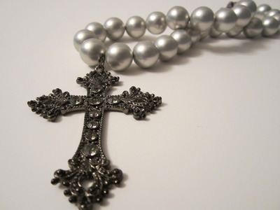 New baltic black cross & metallic pearl necklace
