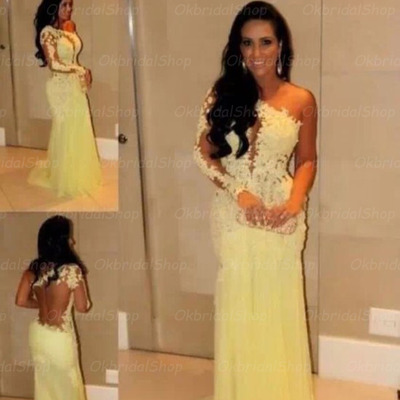 Yellow prom dress, lace prom dress, long prom dress, one shoulder prom dress, sexy prom dresses, party prom dress, bd14205