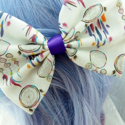 Dream catcher fabric hair bow with purple ribbon boho hair accessory - Thumbnail 4