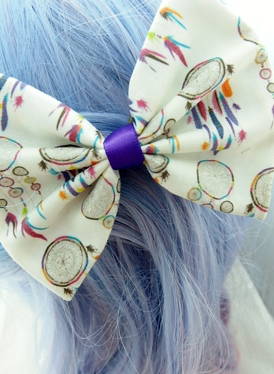 Dream Catcher Fabric Hair Bow with Purple Ribbon Boho Hair Accessory