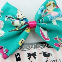 SALE! Retro Child's Play Teal Print Hair Bow with Toys - Thumbnail 1