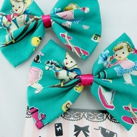 SALE! Retro Child's Play Teal Print Hair Bow with Toys - Thumbnail 2