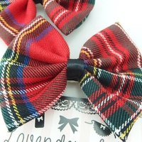 Red Tartan Scottish Winter Fabric Hair Bow - Thumbnail 2