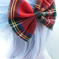 Red Tartan Scottish Winter Fabric Hair Bow - Thumbnail 3
