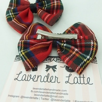 Red Tartan Scottish Winter Fabric Hair Bow - Thumbnail 4