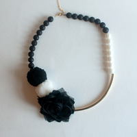 Black Lace Flower Onyx Matte Beaded Gold Metal Bar Choker Necklace, Wedding Necklace, Bridal Necklace, NL0789 - Thumbnail 3