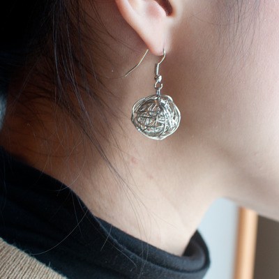 Metal silver ball drop earrings wire metal disco vintage elegant dangle earrings, unique silver earrings, tiny earrings, er0777 - Thumbnail 2