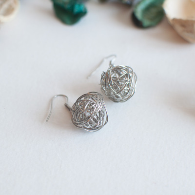 Metal silver ball drop earrings wire metal disco vintage elegant dangle earrings, unique silver earrings, tiny earrings, er0777