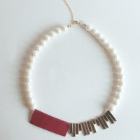 Red Leather Gold Metal Glass Pearl Statement Necklace, Bridal Pearl Statement Necklace, Faux Fashion Pearl Necklace, NL0780 - Thumbnail 2