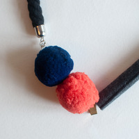 Diy Fabric Gray Bar Felt Balls Statement Necklace, Dark Blue Orange Cotton Collar Necklace, Costume Jewelry Necklace, NL0788 - Thumbnail 2