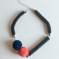 Diy Fabric Gray Bar Felt Balls Statement Necklace, Dark Blue Orange Cotton Collar Necklace, Costume Jewelry Necklace, NL0788 - Thumbnail 4