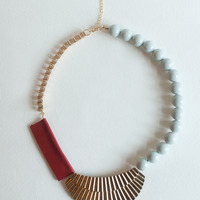 Gold Metal Red Leather Grey Resin Statement Necklace, Resin Big Necklace Jewelry, Rhinestone Colorful Gold Choker, NL0787 - Thumbnail 2