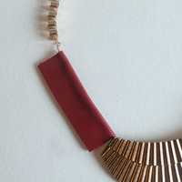 Gold Metal Red Leather Grey Resin Statement Necklace, Resin Big Necklace Jewelry, Rhinestone Colorful Gold Choker, NL0787 - Thumbnail 4