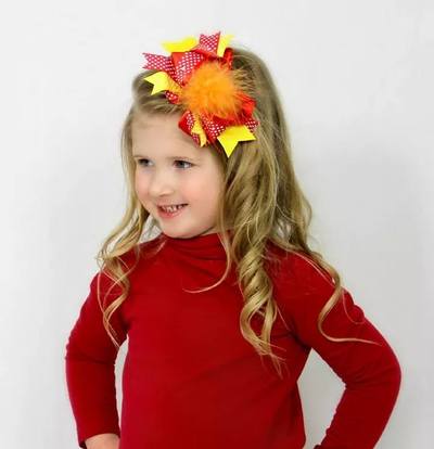 OTT Double Stacked Red, Yellow & Orange Feather Bow