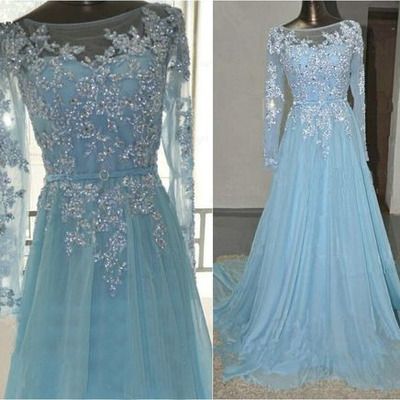 Lace prom dress, long prom dress, blue prom dress, modest prom dress, 2018 prom dress, bd14346
