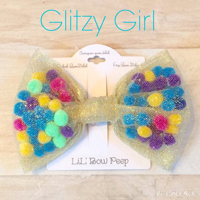 Glitzy girl pom pom bow