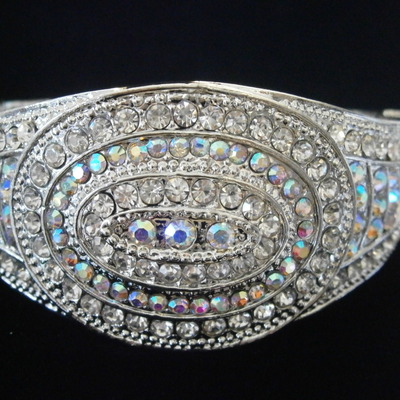 Super blinged - out rhinestone studded bracelet in silver plate oval hinged comfortable free shipping