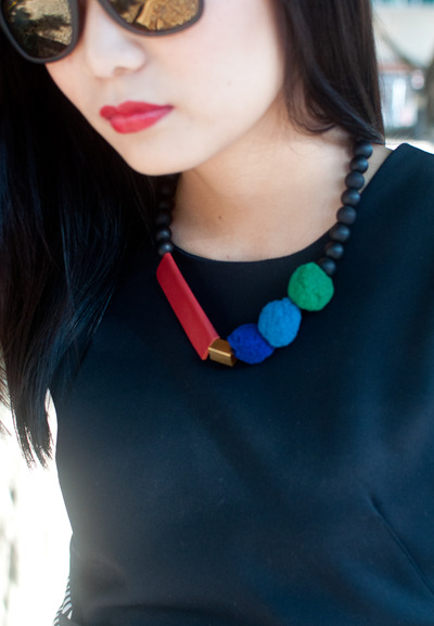 Leather Red Felt Balls Gold Metal Necklace, Felted Wool Navy Blue Green Unique Necklaces, Handcrafted Jewellery, NL0772