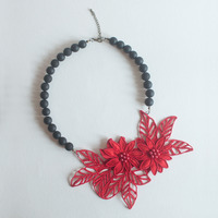 Red Lace Flower Onyx Matte Bead Choker Necklace NL0689RC - Thumbnail 2