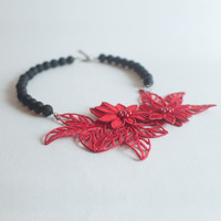 Red Lace Flower Onyx Matte Bead Choker Necklace NL0689RC - Thumbnail 3