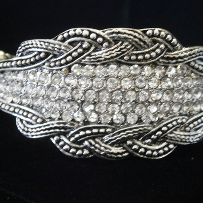 Vintage look braided rhinestone antique silver oval hinged bracelet free shipping