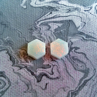 Opal hex stud earrings faux opal hexagon post earrings