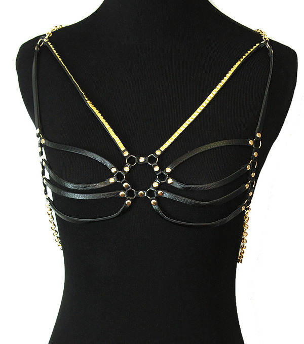 Black Leather Breast Body Chain 