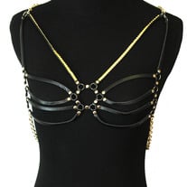 Black Leather Breast Body Chain 