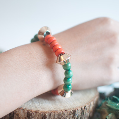 Orange & Green Beaded Wooden Beads Gold Bracelet BL0643