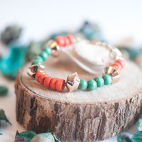 Orange & Green Beaded Wooden Beads Gold Bracelet BL0643 - Thumbnail 1