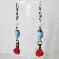 Red Rose Dangle Earrings Boho Beaded Jewelry For Women Flower Earrings - Thumbnail 1