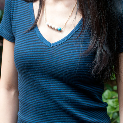 Simple blue white small beaded pendant necklace nl0718