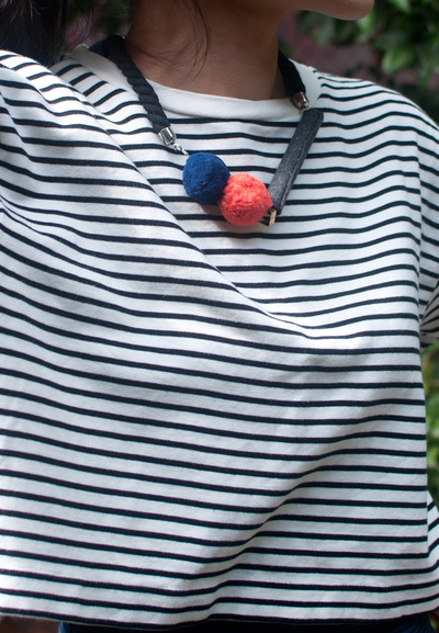 Diy Fabric Gray Bar Felt Balls Statement Necklace, Dark Blue Orange Cotton Collar Necklace, Costume Jewelry Necklace, NL0788