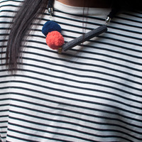 Diy Fabric Gray Bar Felt Balls Statement Necklace, Dark Blue Orange Cotton Collar Necklace, Costume Jewelry Necklace, NL0788 - Thumbnail 1