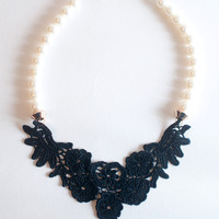 Black Lace Faux Pearl Victorian Necklace NL0692 - Thumbnail 3