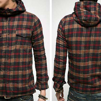 Dark plaid slim hooded long sleeve shirt
