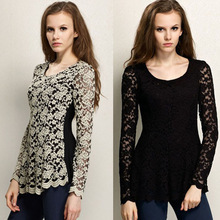  long sleeve crew collar lace peplum blouse 