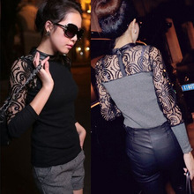 Long sleeve lace shirt patchwork slim fit blusa renda femininas fashion blouse