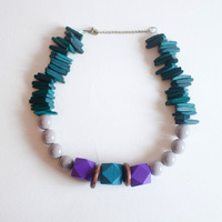Green Purple Wood Beaded Statement Necklace NL0696 - Thumbnail 1