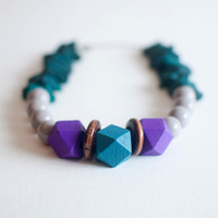 Green Purple Wood Beaded Statement Necklace NL0696 - Thumbnail 2