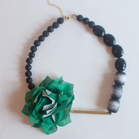 Polyster Cotton Green Flower Necklace, Chunky Flower Statement Necklace, Gold Metal Bar Antique Necklace Floral Styles, NL0769 - Thumbnail 1