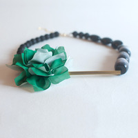 Polyster Cotton Green Flower Necklace, Chunky Flower Statement Necklace, Gold Metal Bar Antique Necklace Floral Styles, NL0769 - Thumbnail 2