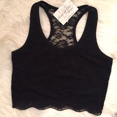 Racerback cropped lace shirt in black